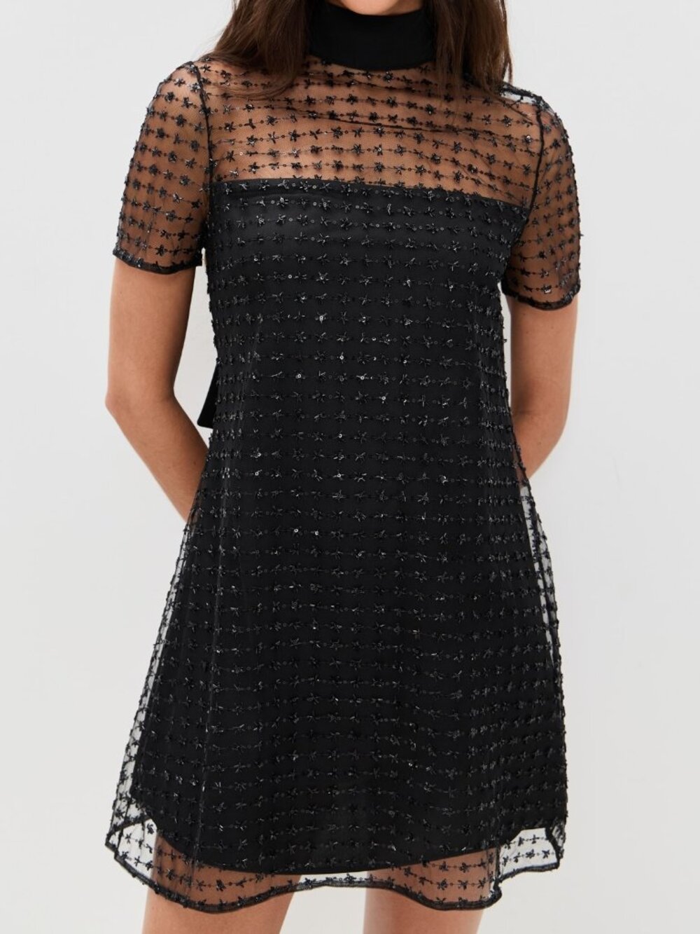 STAUD Black Embroidered Mesh Midi Dress
